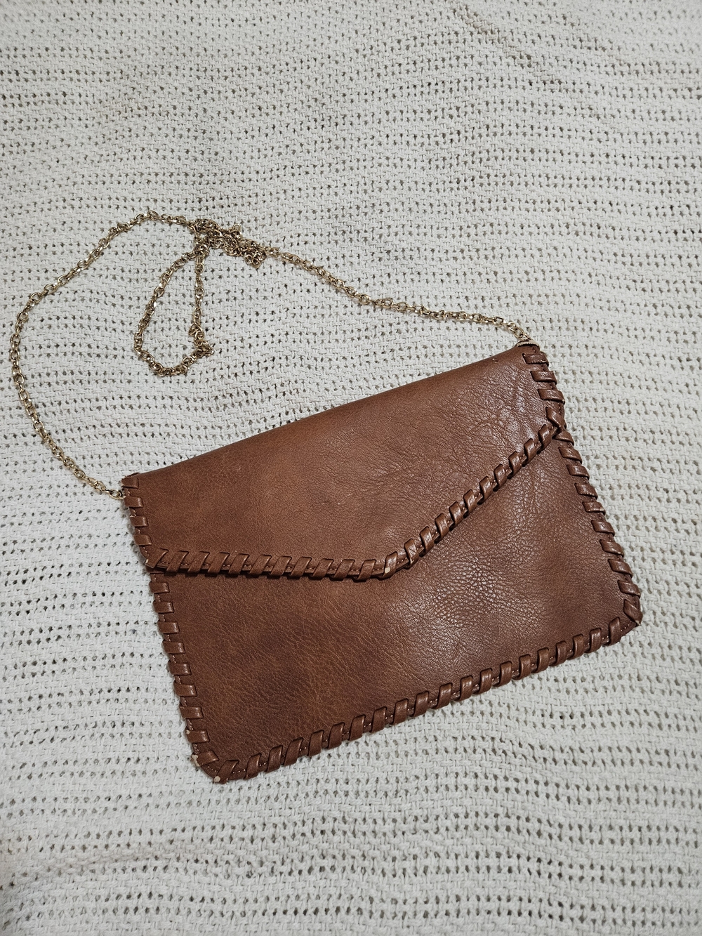 Brown Whipstitch Envelope Clutch with Gold Chain Strap